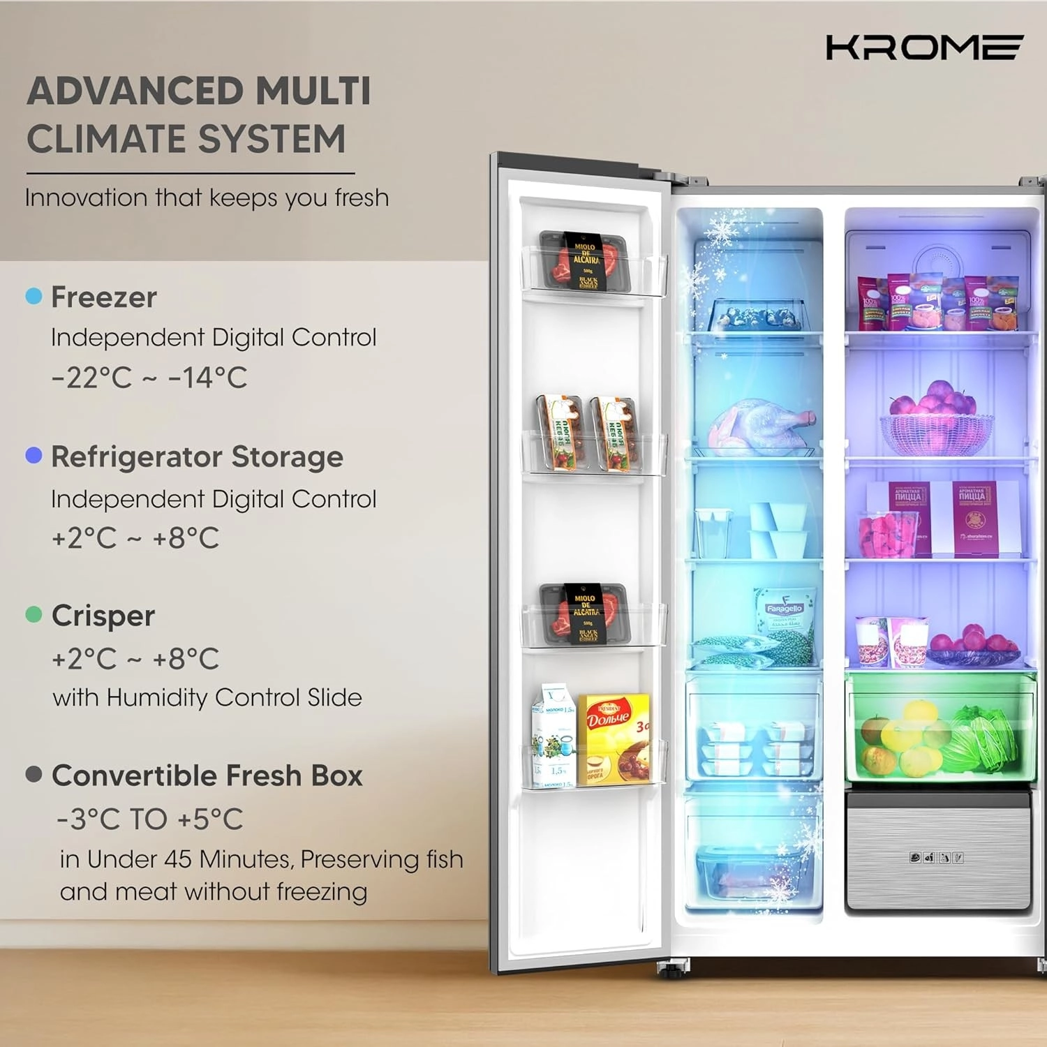 ثلاجة Krome Side-by-Side سعة 820L (KR-SBS820)
