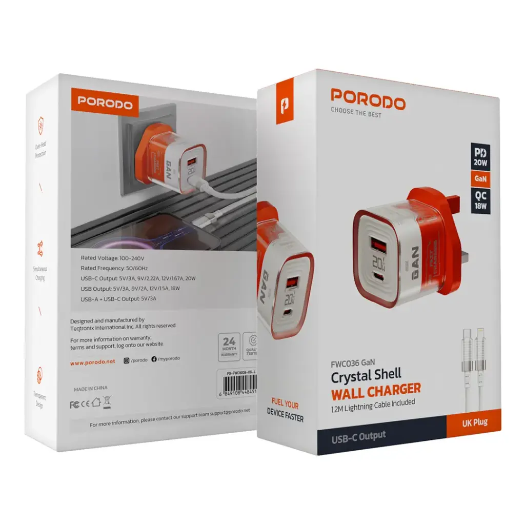 Porodo شاحن GaN Crystal Shell مع كابل USB-C بطول 1.2م