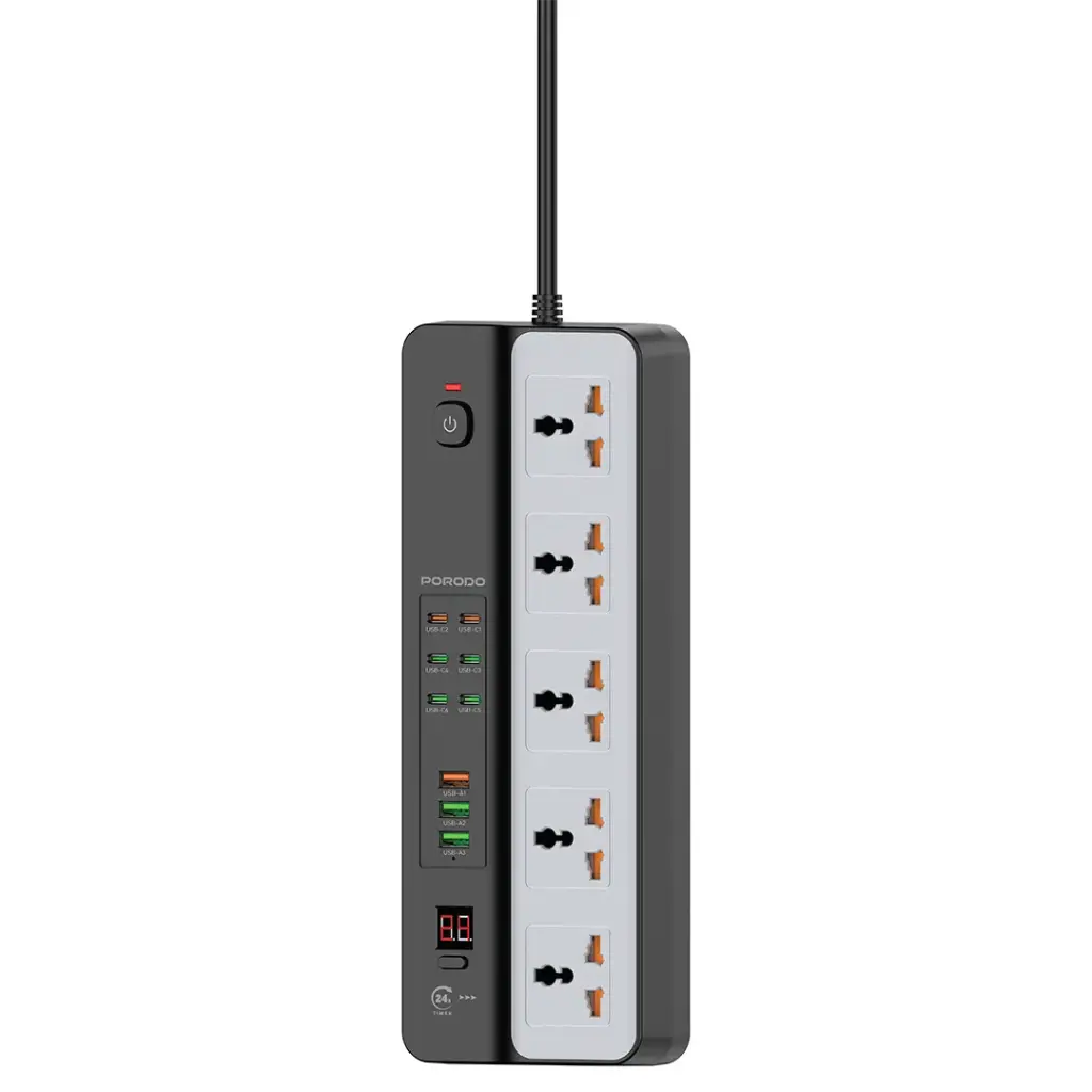 Porodo 3000W универсальный сетевой фильтр 5 розеток AC и 9 USB портов (6C + 3A)