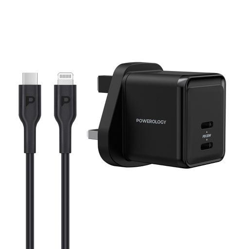 شاحن Powerology Dual Port فائق الصغر مع كابل USB-C إلى USB-C 1.2م
