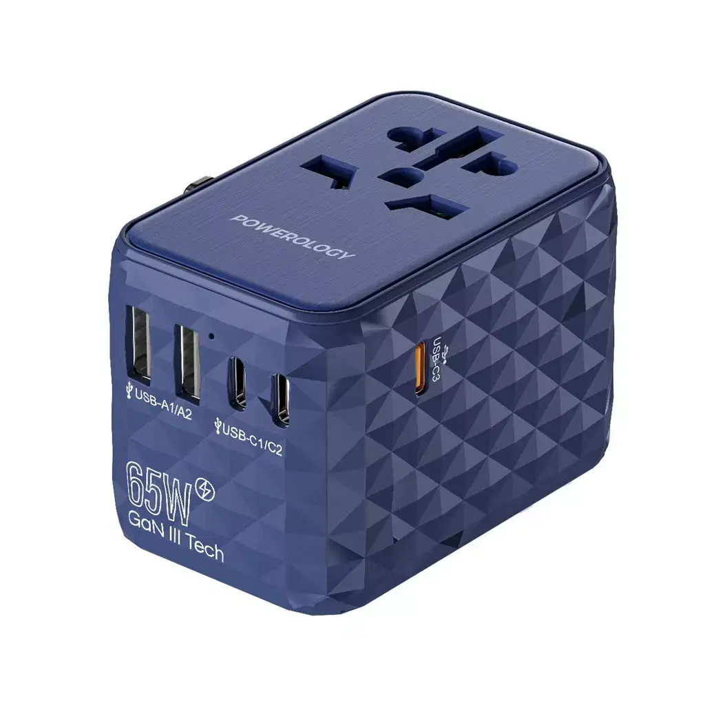 محول سفر Powerology GaN متعدد المنافذ (3 Type-C + 2 USB-A، 65W PD)