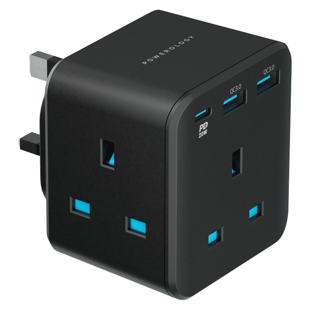 مقبس جداري Powerology 3 مخارج مع شحن USB سريع (20W PD، QC3.0، تصميم ذكي)