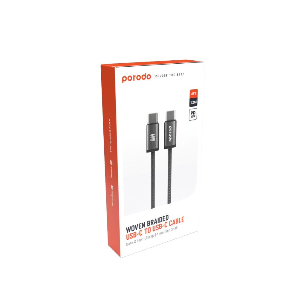 Porodo Плетёный кабель USB-C - USB-C алюминиевый корпус 1.2м