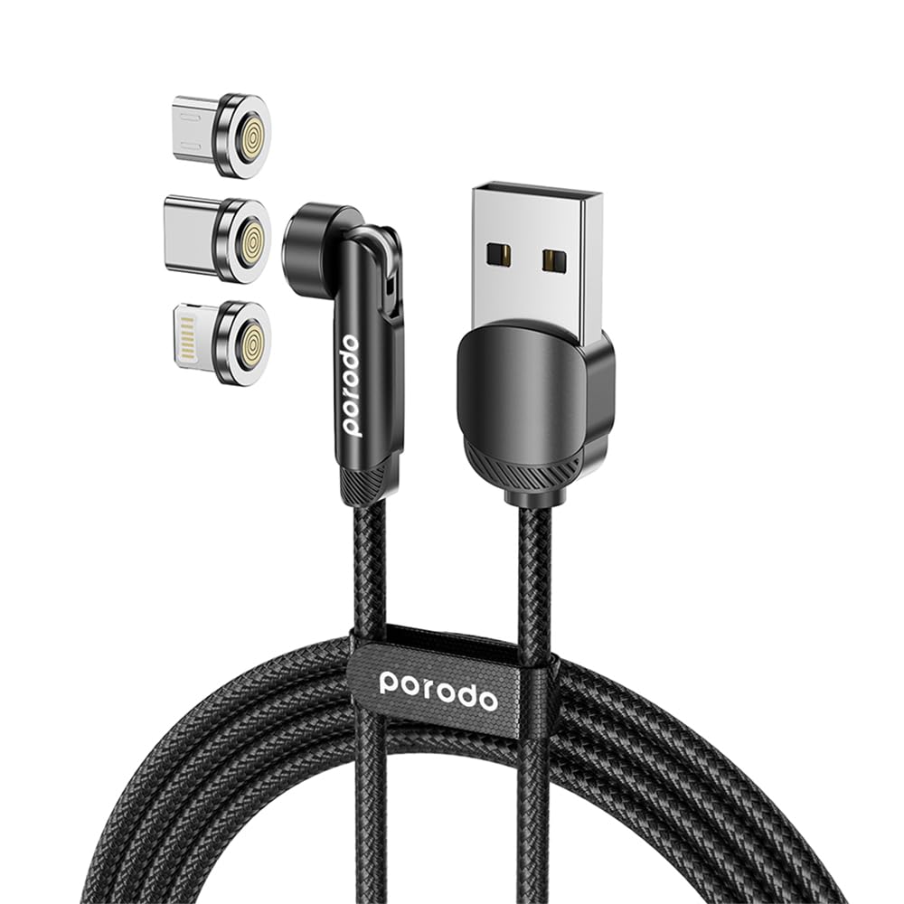 Porodo 3-в-1 вращающийся плетёный магнитный кабель (Lightning / USB-C / Micro USB) 1м