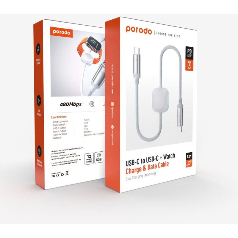 Porodo Кабель USB-C / Lightning с зарядкой часов и передачей данных 1.2м