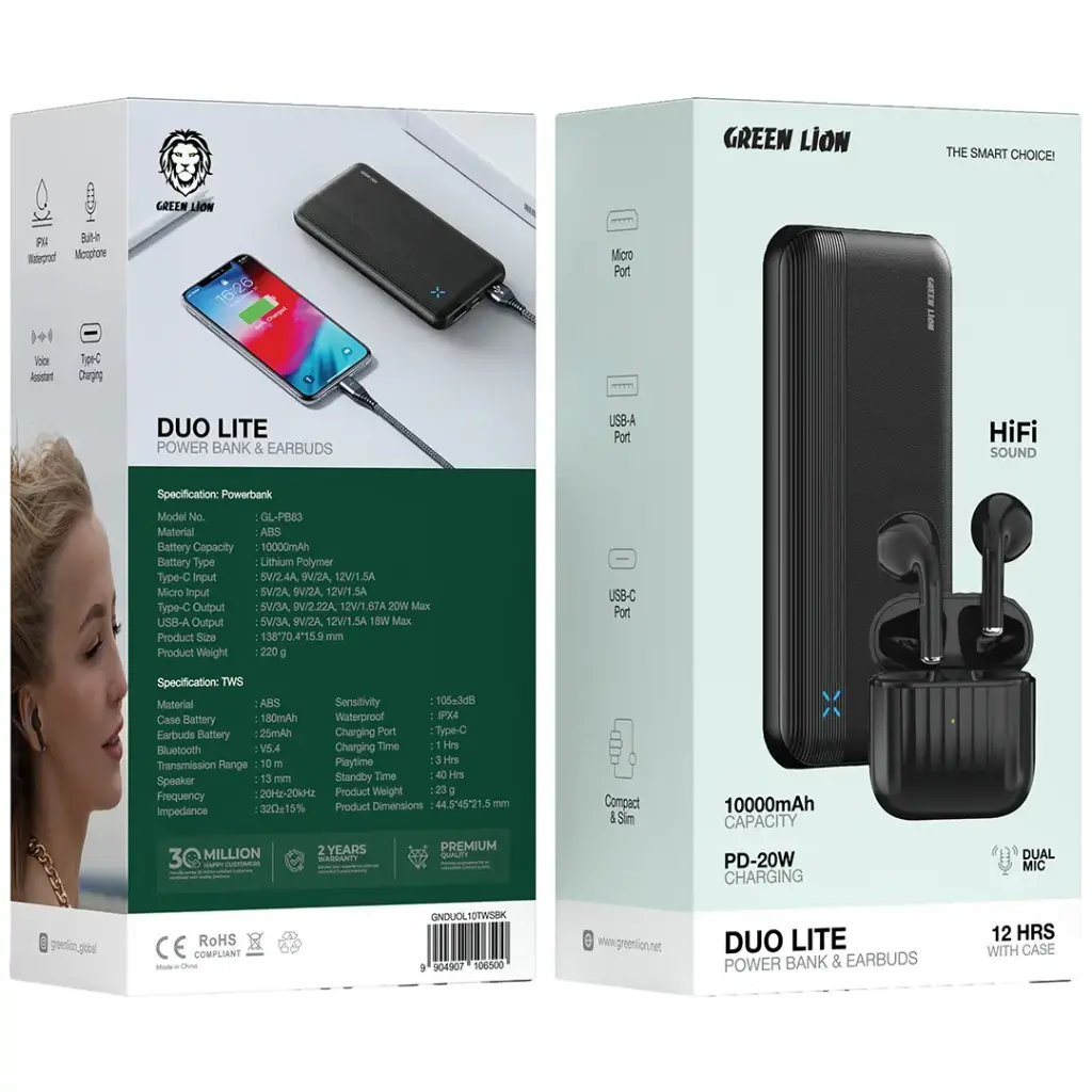 Green Lion Duo Lite Power Bank & Earbud Combo Pack