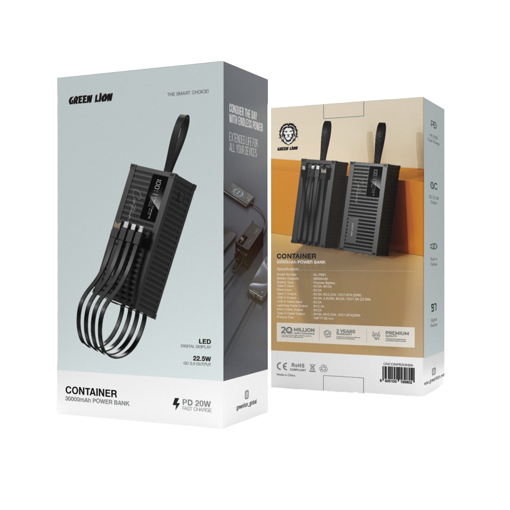 Green Lion Container Power Bank 30000mAh PD 20W with 4 In 1 Cable
