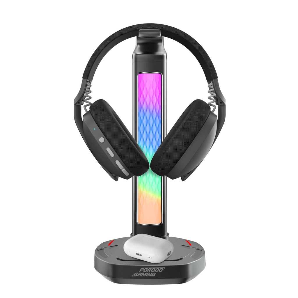 Porodo حامل سماعة ألعاب مع شحن لاسلكي وUSB-C Hub و4 أوضاع RGB